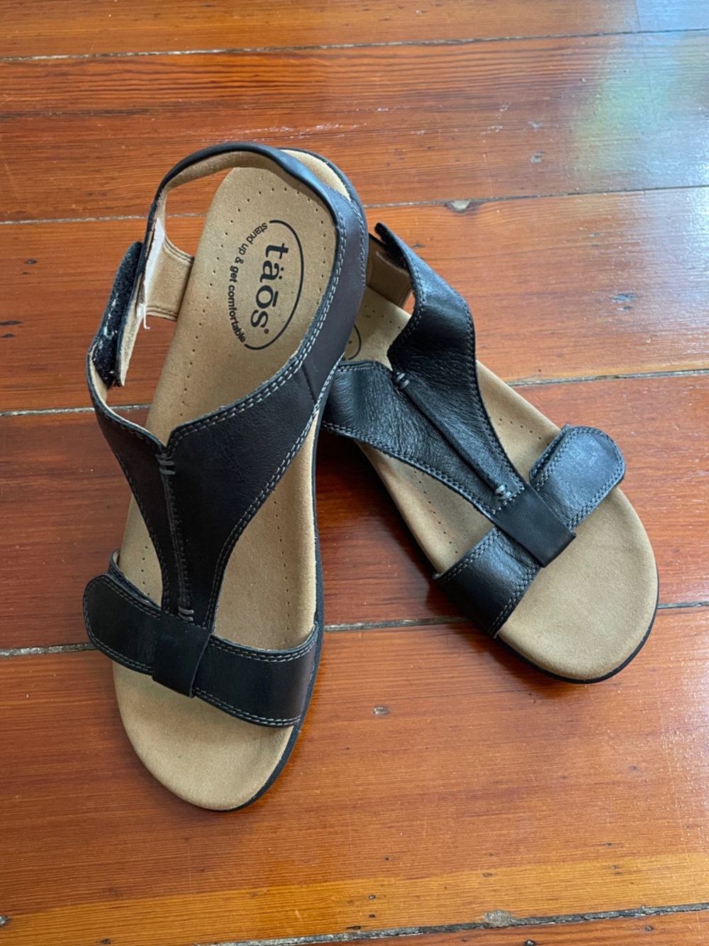 Taos The Show Sandals Black Leather Low T Strap Arch Support Women’s 10 🧡🎀 - Picture 6 of 9